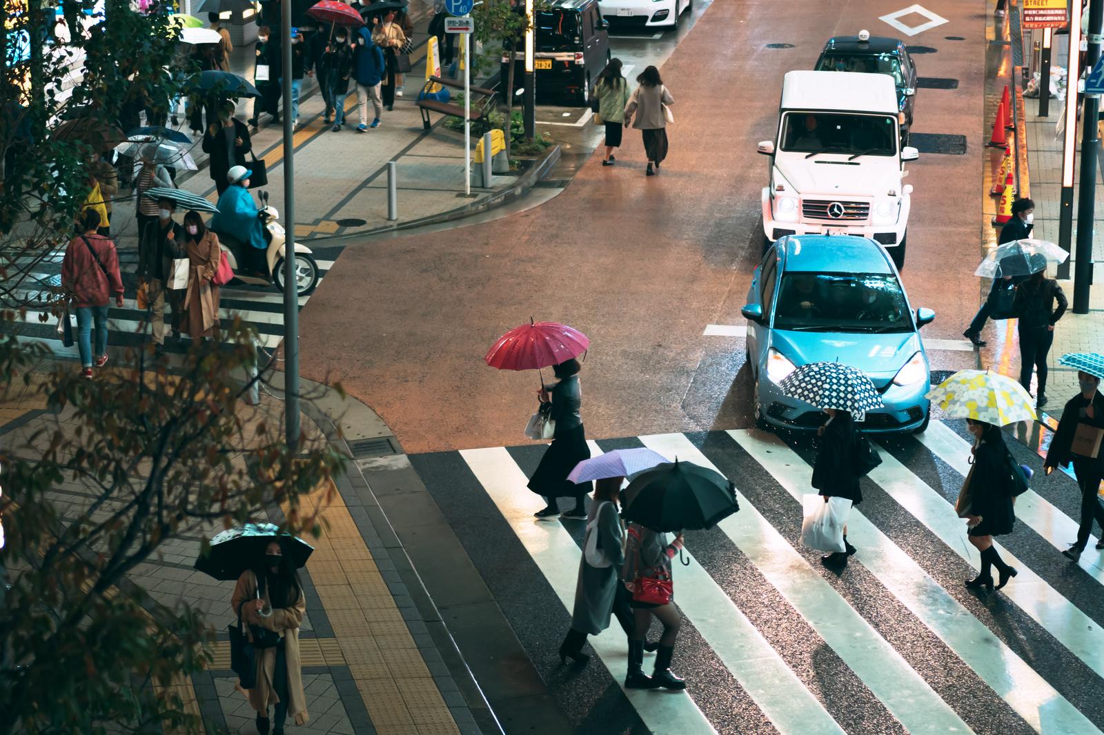 雨の中、赤や黒の傘をさして横断歩道を渡る複数の歩行者