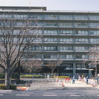 外務省庁舎の出入り口前と白い官庁建物の正面の写真