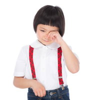 泣きじゃくる前髪パッツンの女の子が涙を流す感情表現の写真