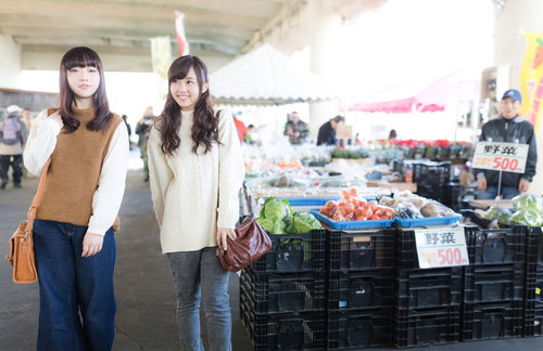 いすみ市の港の朝市で野菜を眺める女性観光客の写真