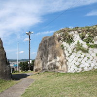 千葉県いすみ市小浜城跡の石垣遺構と電信柱の風景の写真