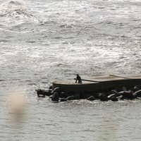 波静まぬ埠頭で竿を握る孤高の釣り人、千葉県いすみ市の外房風景の写真
