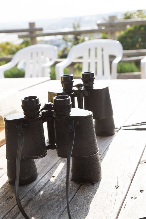 テーブルの上に置かれた双眼鏡と観光地の景観の写真