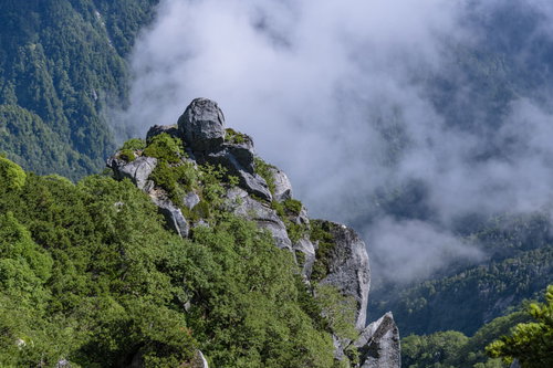 中央アルプス空木岳の石峰にかかる白い雲と緑の山肌