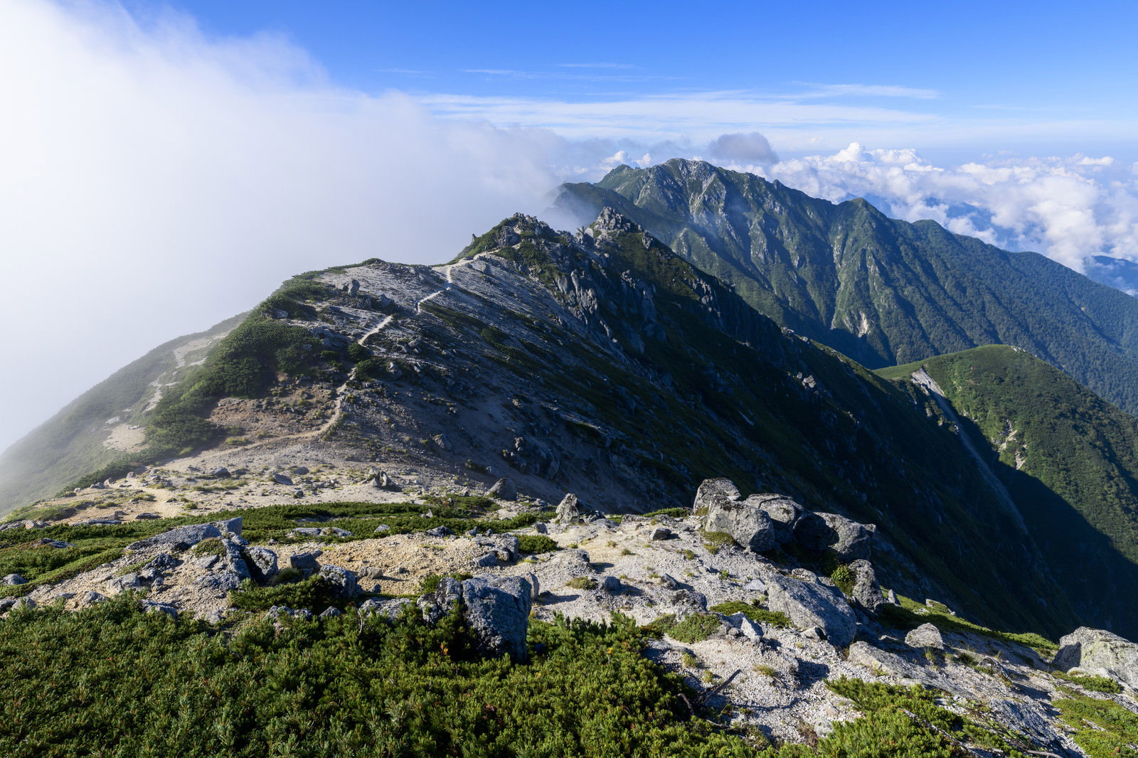 中央アルプス空木岳の山頂稜線から望む南駒ヶ岳と雲海の山岳風景