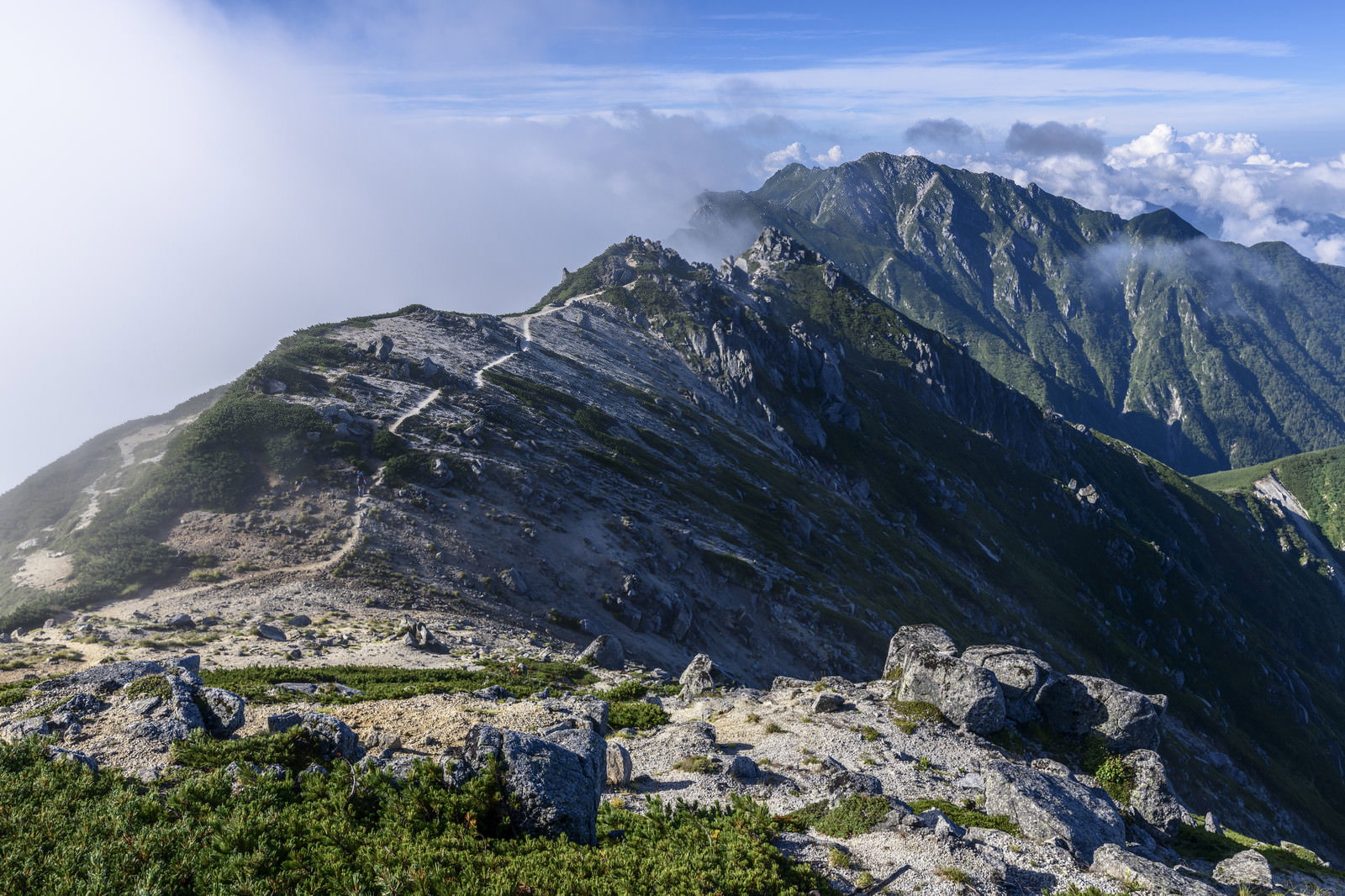 青空と雲の下に続く南駒ヶ岳方面の登山道と中央アルプスの山並み