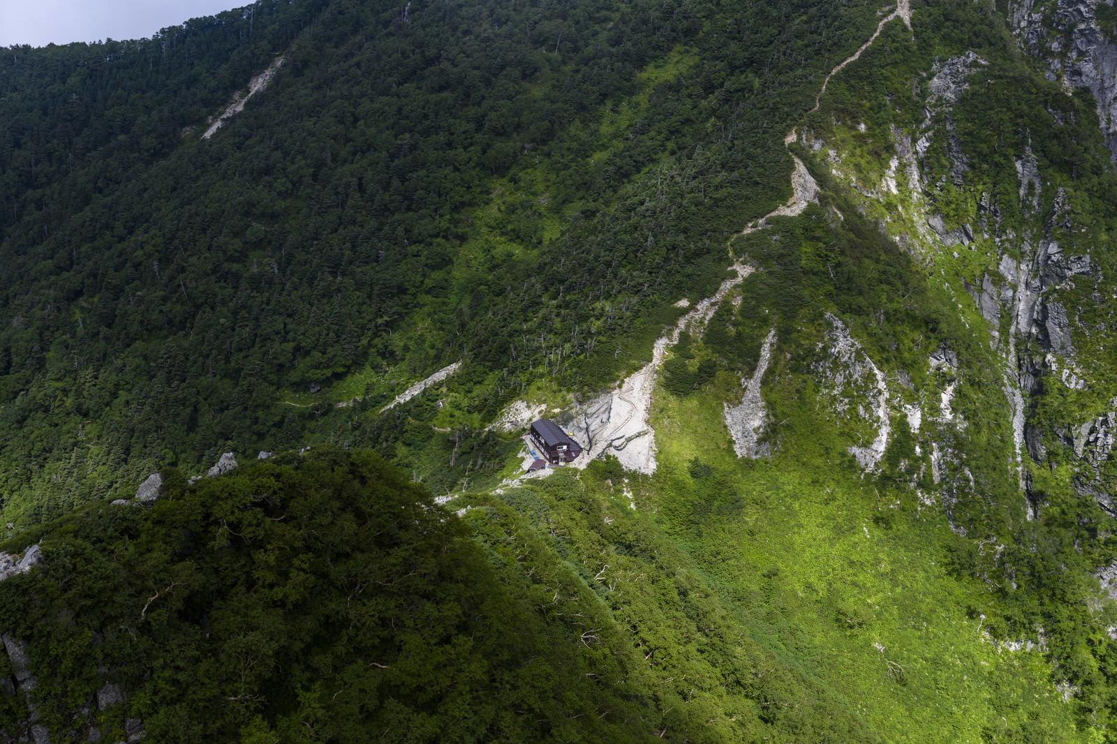 木曽殿山荘周辺から見る中央アルプスの緑豊かな山稜線