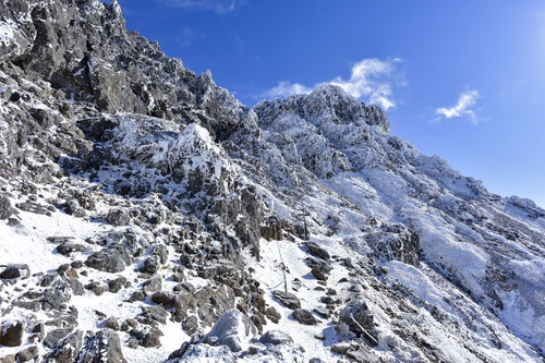 凍てつく氷と雪に覆われた文三郎尾根の登山道