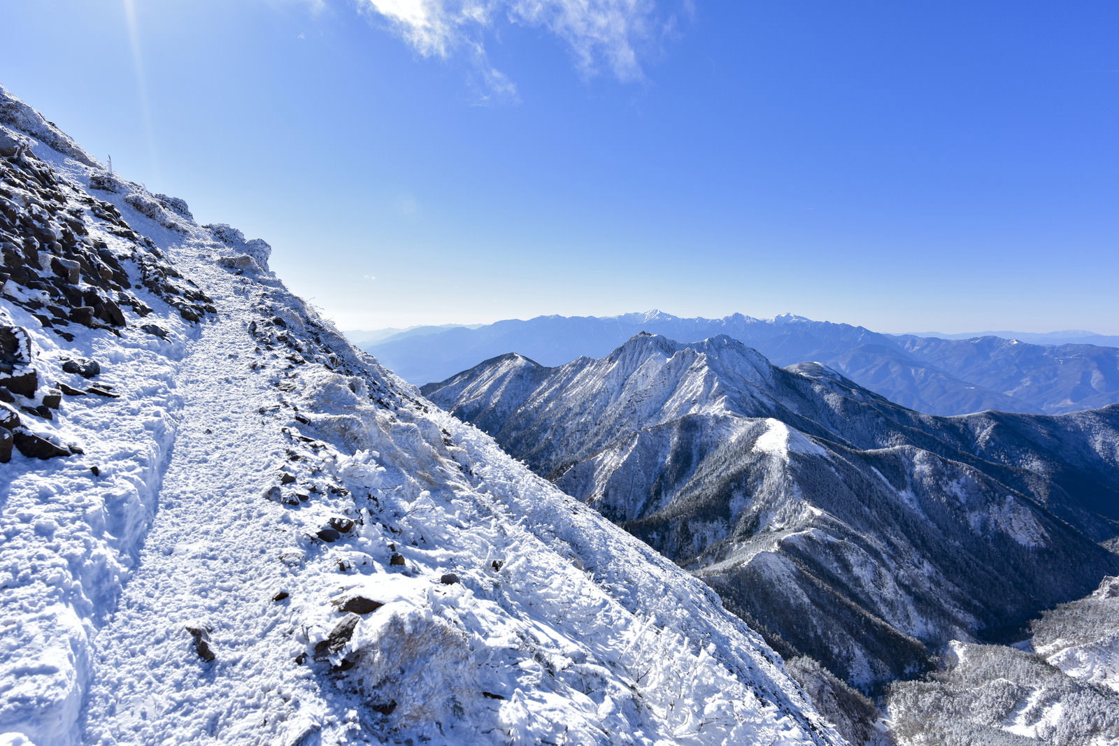 雪に覆われた文三郎尾根の細い登山道と青空の下に広がる権現岳の山々