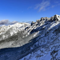 朝日に照らされる八ヶ岳連峰の雪の横岳と硫黄岳の写真