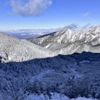 赤岳の影が重なる八ヶ岳連峰の雪の森と冬山の景観の写真