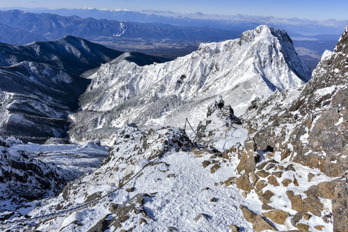 鎖の向こうに見える文三郎尾根と阿弥陀岳の雪景色