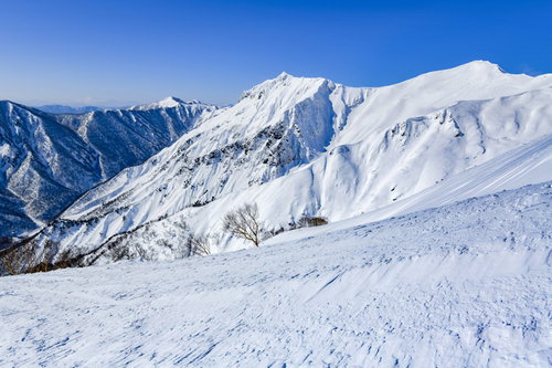 谷川岳の山頂から見る雪化粧の川棚ノ頭方面の冬景色
