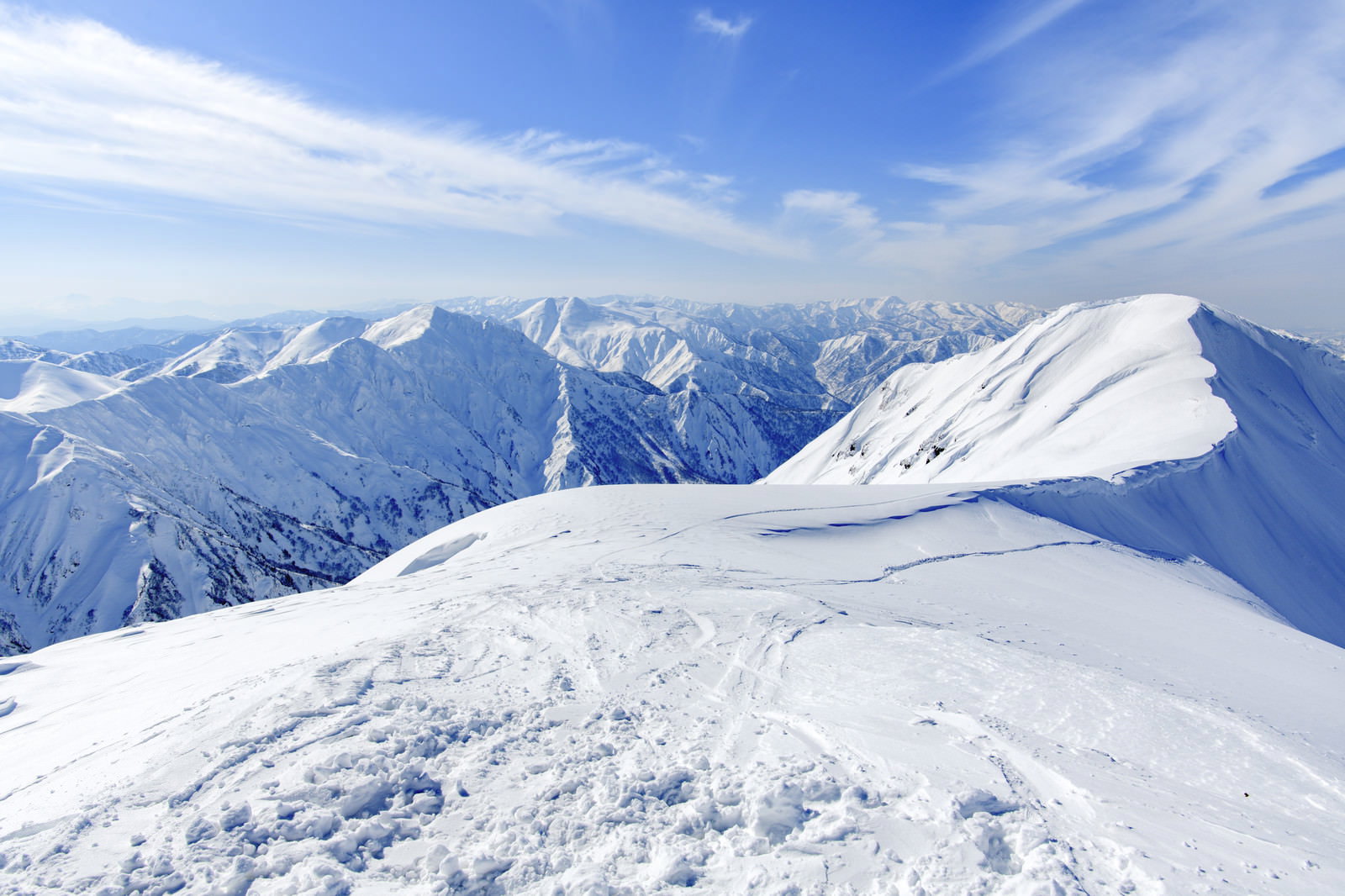 雪に覆われた茂倉岳への登山道と谷川主脈の山々