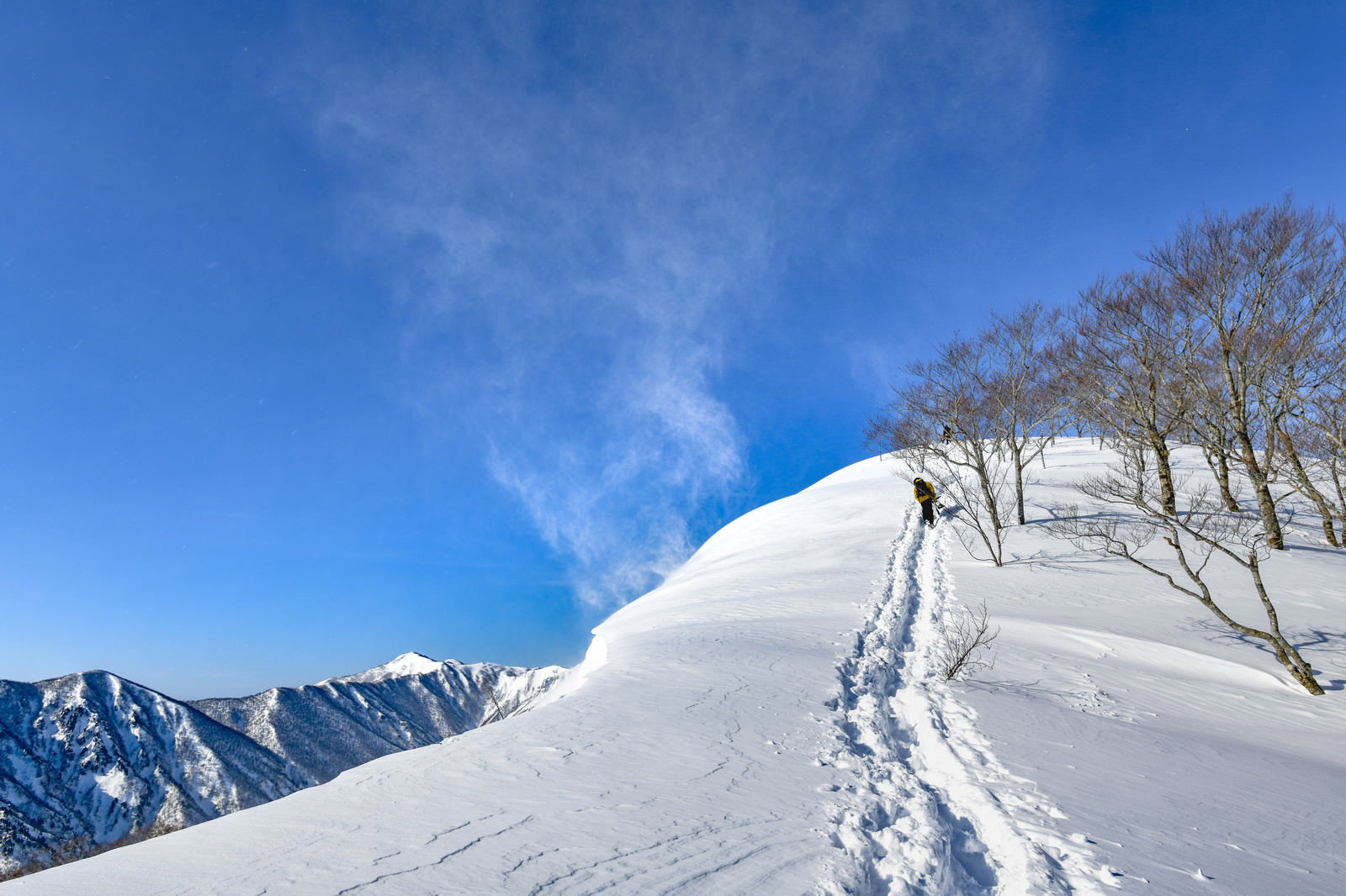 青空の下、雪山の斜面を歩く登山者と舞い上がる雪煙