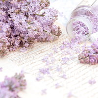 ボトルから散るライラックの花と手紙、春のグリーティングカードの写真