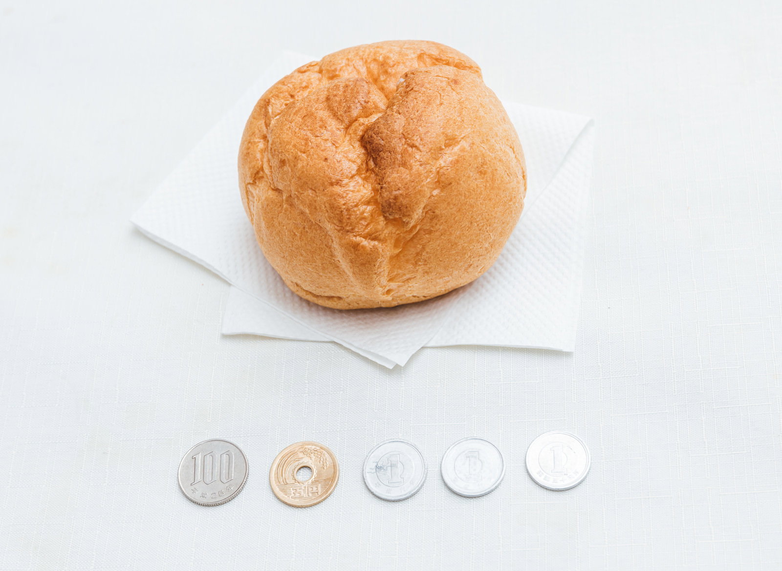 白い背景にテイクアウトしたシュークリームと108円の硬貨