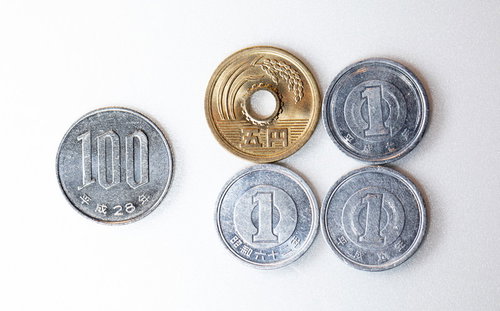 消費税8％の頃の108円を表現した硬貨と小銭