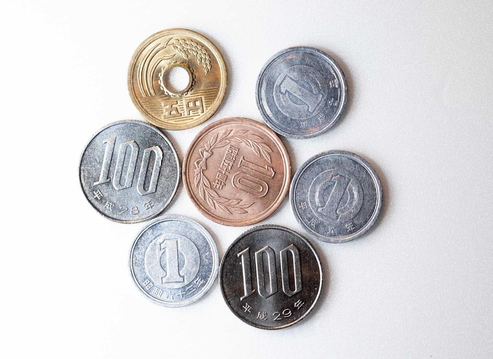白い背景に並べられた日本円硬貨7枚（500円、100円、50円、10円、5円、1円）