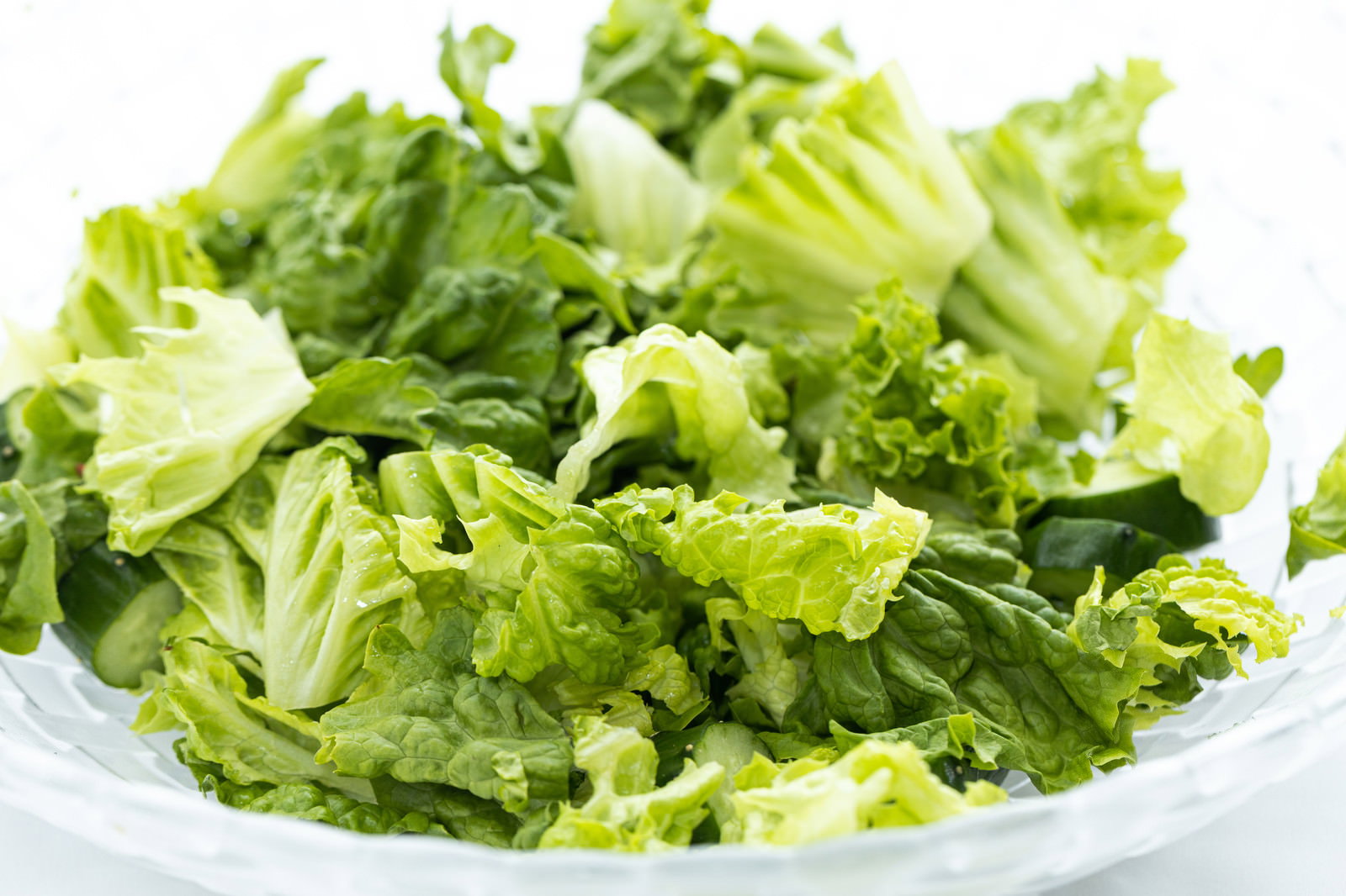 白いボウルに盛り付けた新鮮な葉物サラダ、レタスとリーフレタスの野菜 