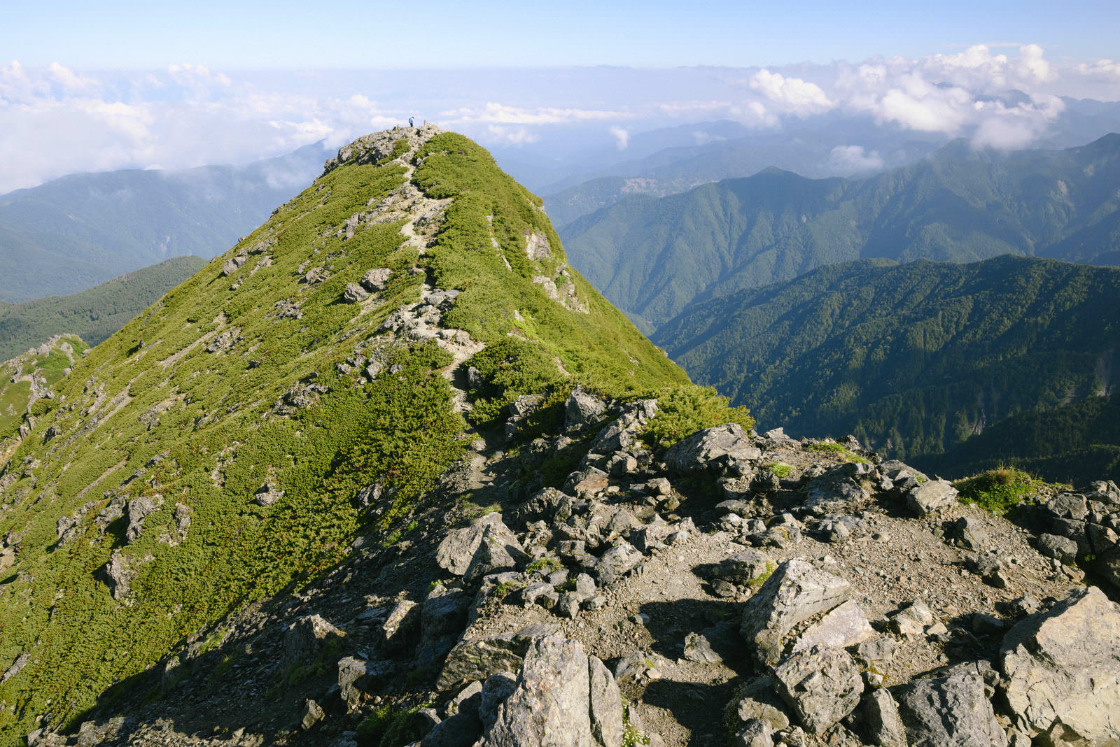 塩見岳の緑の稜線と岩肌が露出した西峰、背景に連なる山々