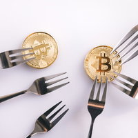 ハードフォークでビットコイン分裂、複数のフォークに刺さったコインの写真