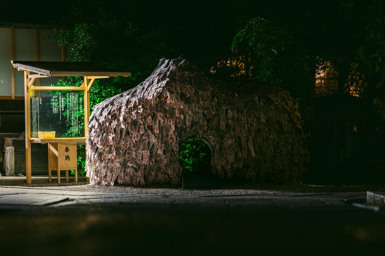 京都の安井金比羅宮で御札に覆われた古木を夜間撮影した風景