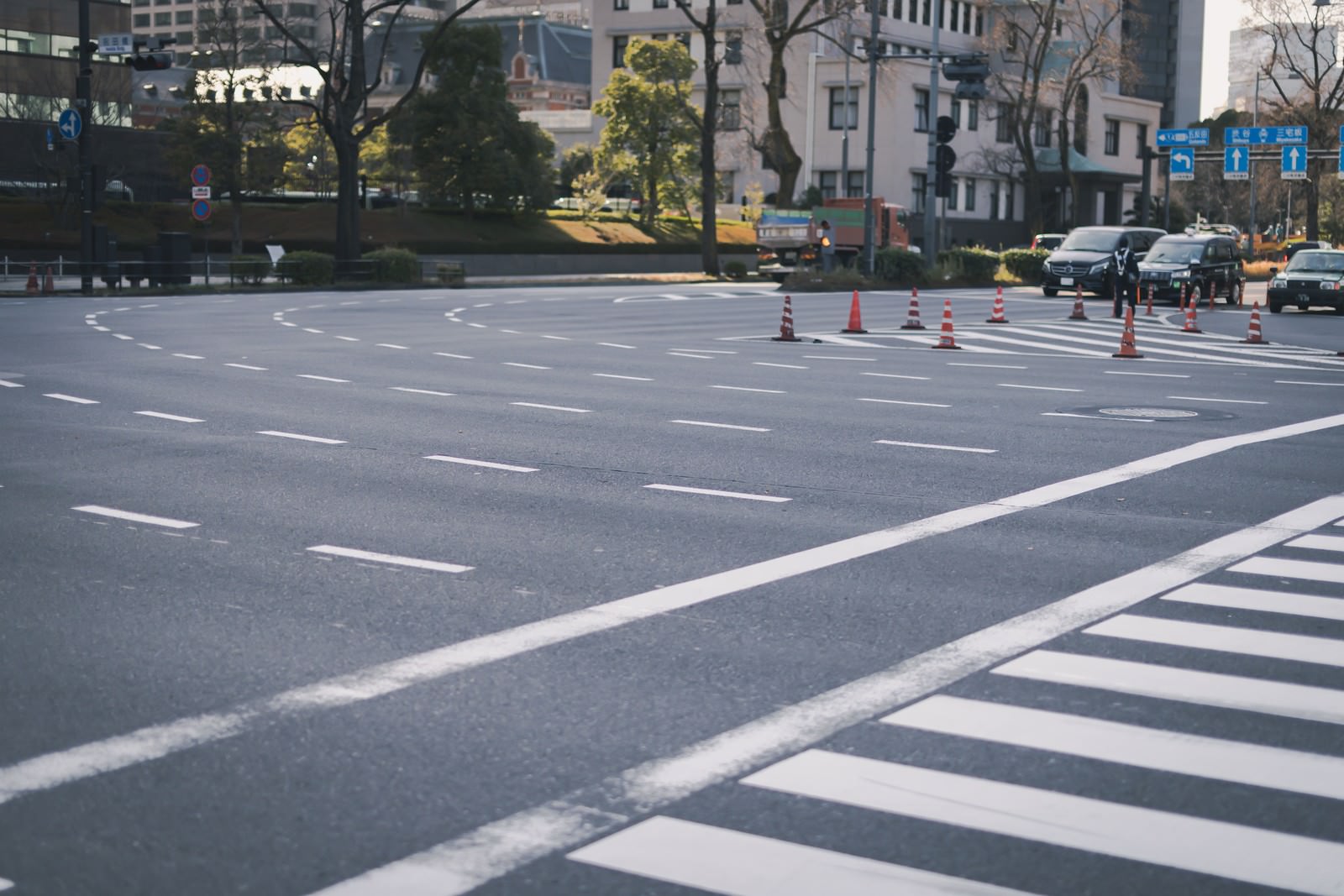 交差点の横断歩道で交通整理を行う警察官