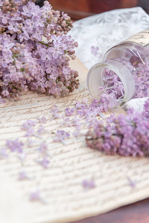 手紙の上に散ったライラックの花とガラス瓶