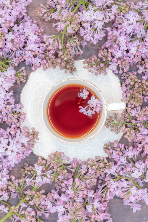 溢れるライラックに囲まれた白いティーカップと紅茶