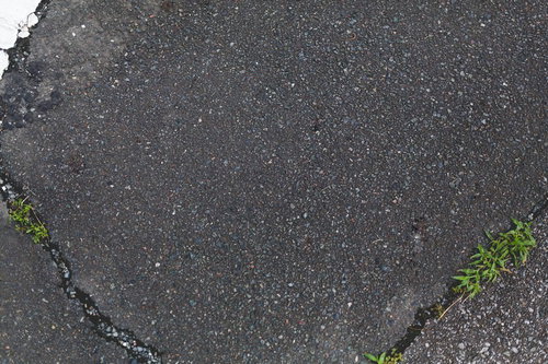 ひび割れたアスファルトと雑草が生える劣化した路面