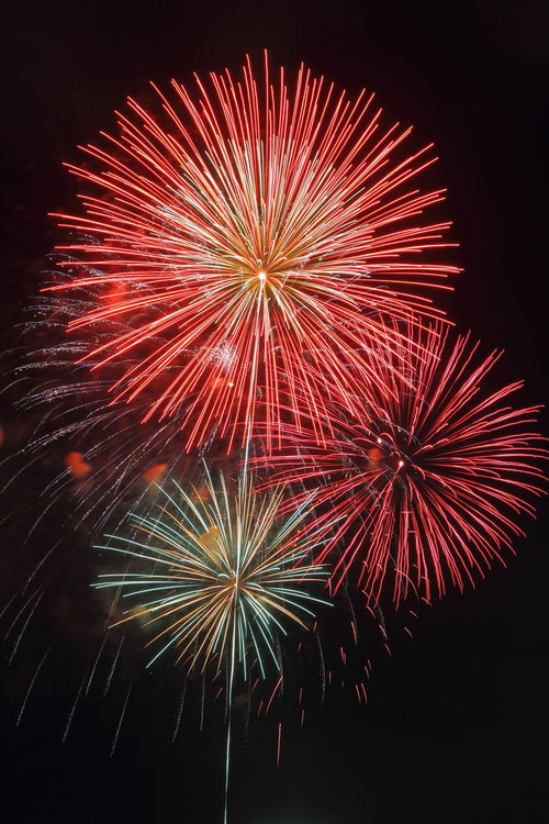 丸く弾けて光の筋が広がる打ち上げ花火