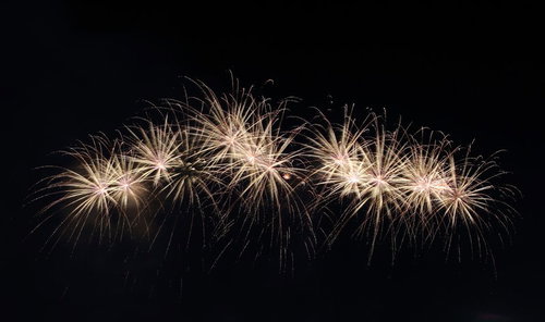 夜空に金色の光が飛び散る弾ける花火
