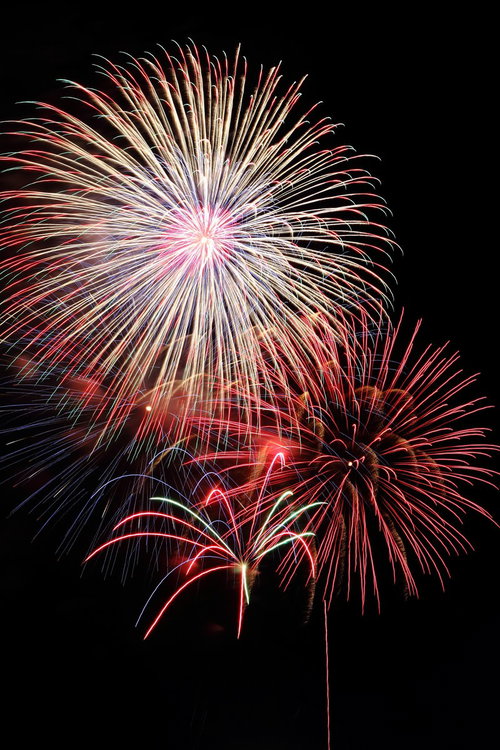 色とりどりの花火が同時に上がる夜を飾る花火大会