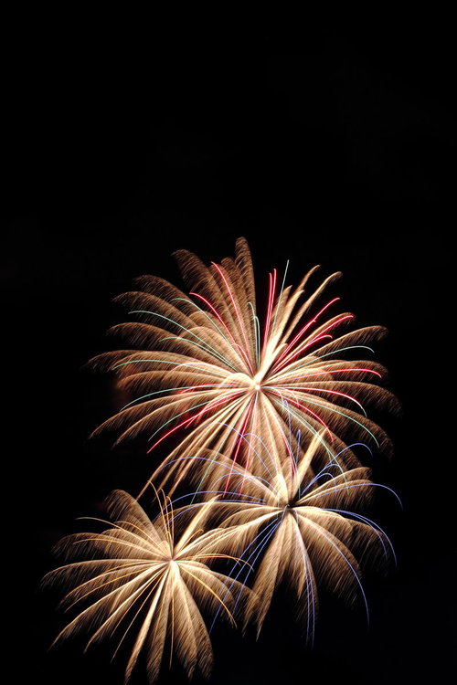 夜空に大きく広がる打ち上げ花火の白い光
