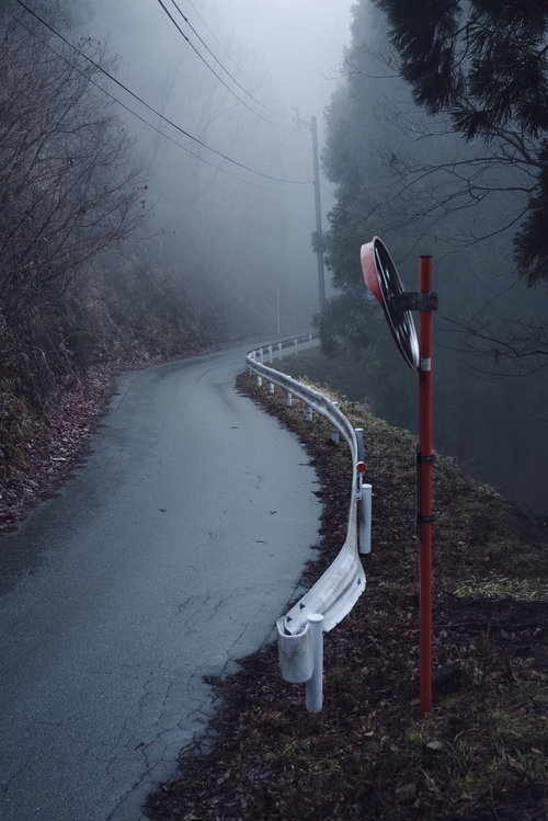 朝霧に包まれた林道に立つカーブミラーとガードレール