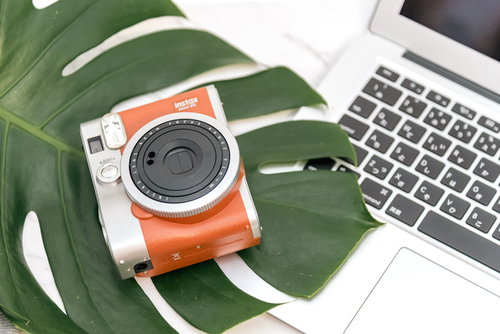 モンステラの葉の上に置かれたオレンジ色のインスタントカメラチェキ