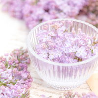 白い器に盛るライラックの花びら、春のテーブルコーディネートの写真