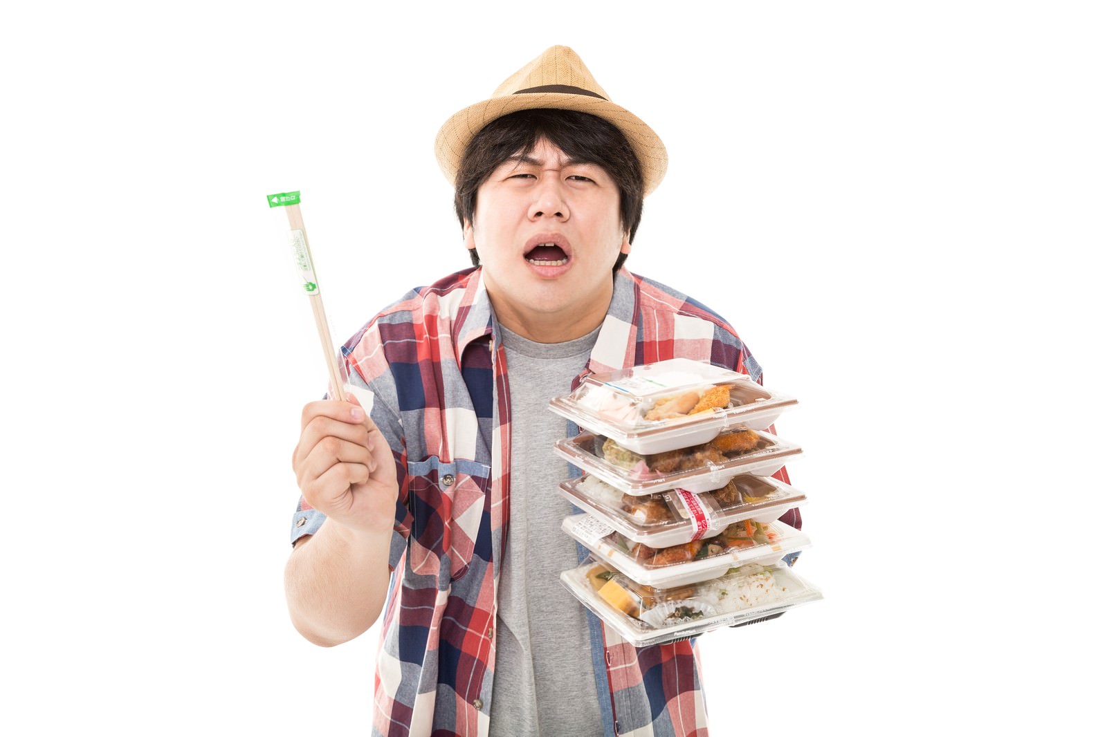 弁当を5個抱えて箸1膳に不満顔の太った男性［モデル：あまのじゃく］