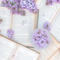 敷き詰めた洋書に添える紫色のライラックの花束の写真