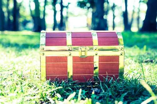 ぽかぽか陽気に誘われて草の上に置かれた宝箱