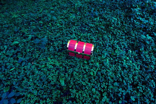 宝の地図が示す場所にあった伝説の財宝、ピンク色の宝箱