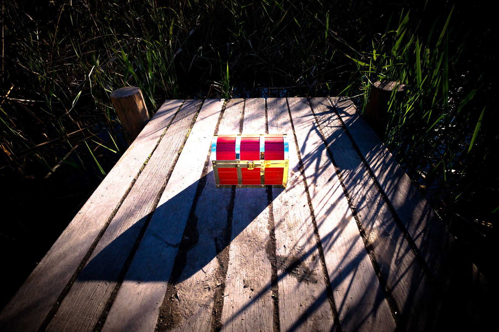 湿地帯の木製桟橋に置かれた赤い宝箱と水草、影