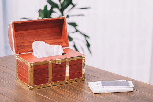 赤い木製の宝箱型ティッシュケースが部屋のインテリアとしても重宝します