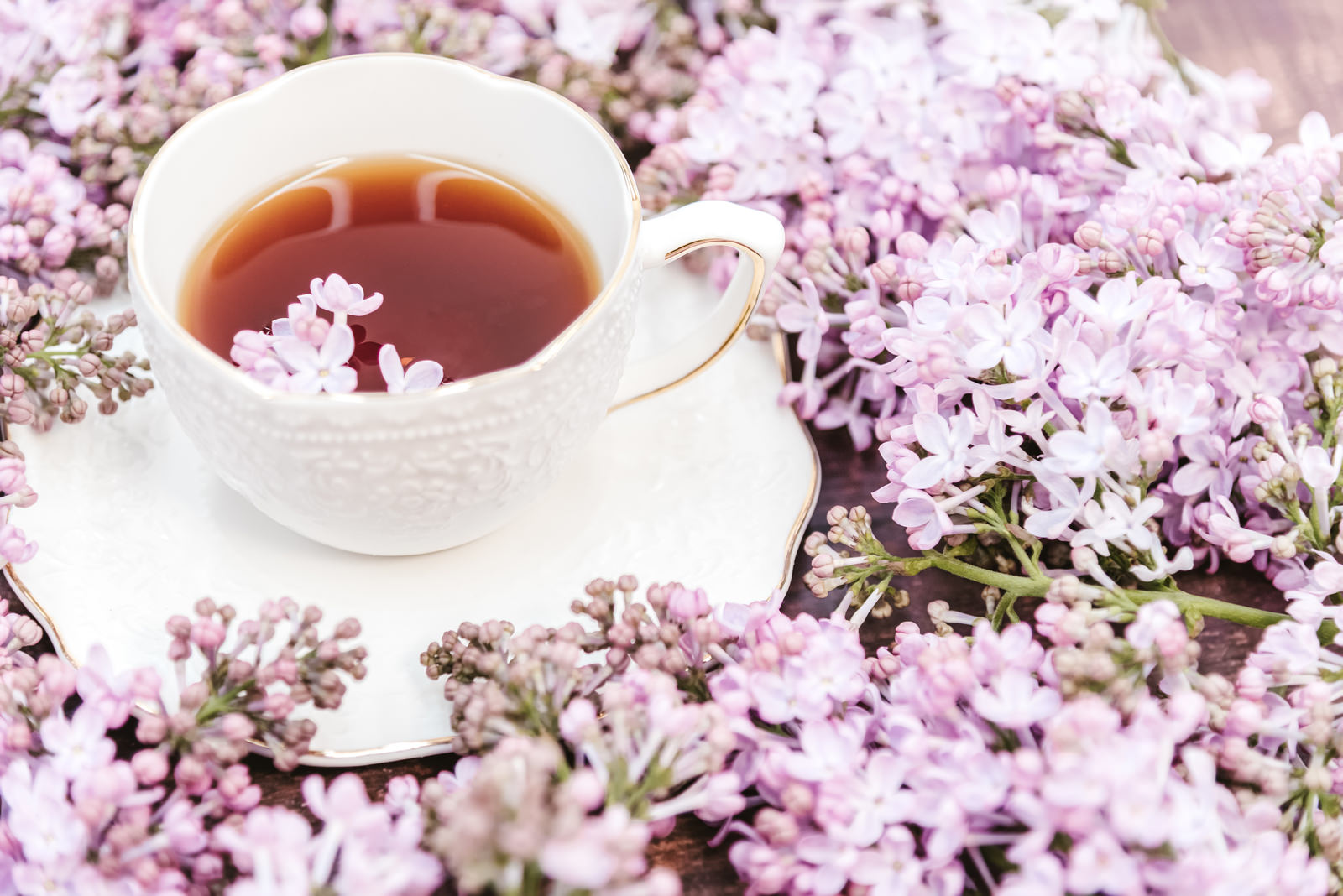薄紫のライラックの花に囲まれた白いティーカップに入った紅茶
