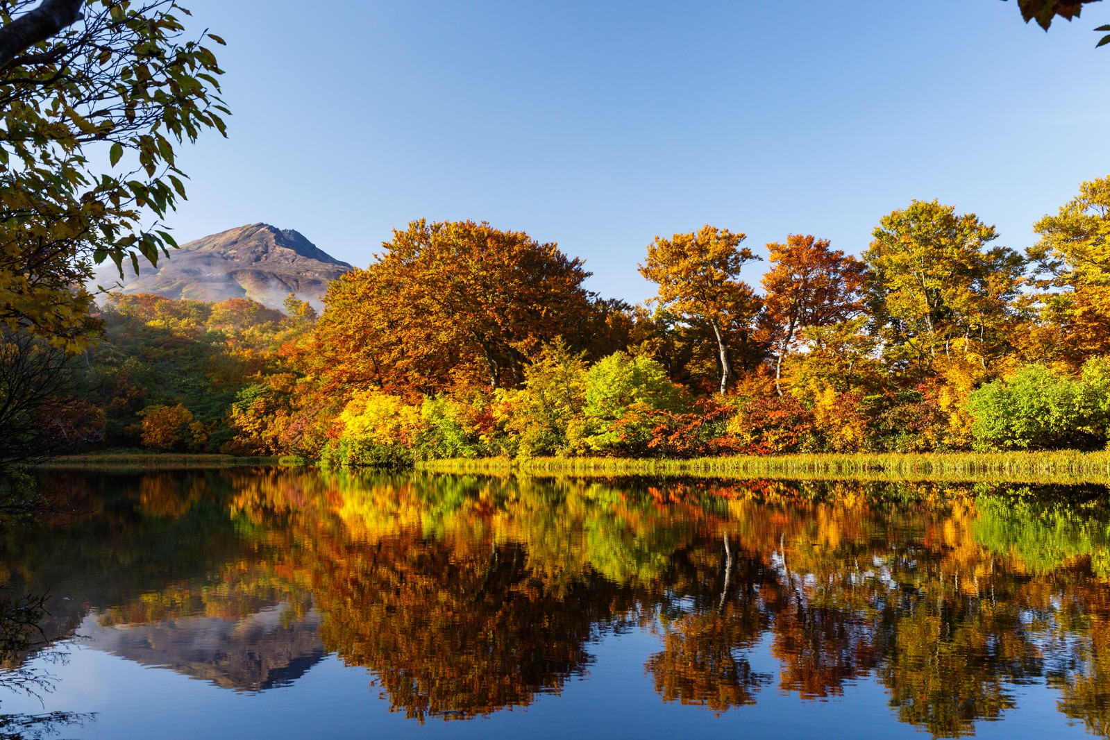 秋の善神沼と鳥海山の風景、紅葉した木々が水面に映る