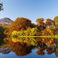 秋の善神沼に映る紅葉と鳥海山の絶景の写真