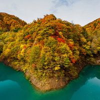 エメラルドグリーンの湖を囲む紅葉した山々の風景の写真