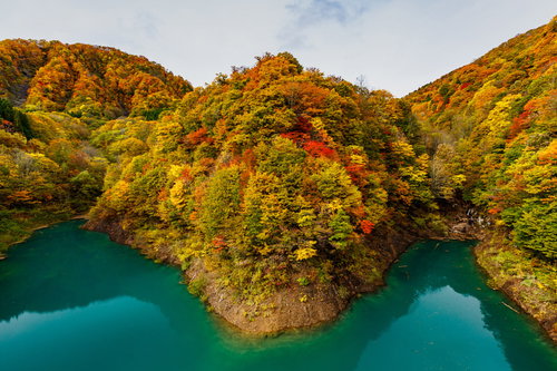 エメラルドグリーンの湖を囲む紅葉した山々の風景