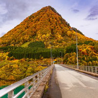 とんがり山（男神山）の秋の紅葉と湖を横切る橋の写真
